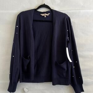 Chloe and Jasmine Pearl Cardigan Women’s Size M Navy Blue Sleeve Open Front READ